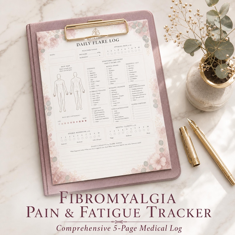 May include: A mauve clipboard with a gold clip holds a "Daily Flare Log" sheet. The log includes sections for symptoms, pain maps, and notes. A gold pen and a small vase with greenery are next to the clipboard. The text "Fibromyalgia Pain & Fatigue Tracker" is at the bottom.