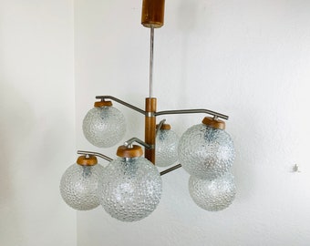Stunning Atomic Teak Ceiling Pendant Lamp featuring 6 large glass Orbs by Temde space age