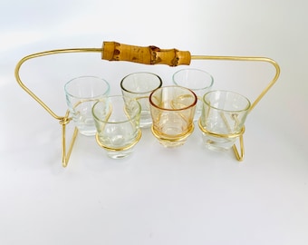 50s Shot Glass Set Holder Bamboo Vintage Mid Century Barware