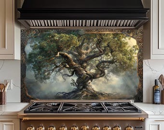 Norse Tree of Life Glass Backsplash, Tempered Glass Kitchen Backsplash, Stove Wall Protector, Glass Splashback, Backsplash Tile for Kitchen