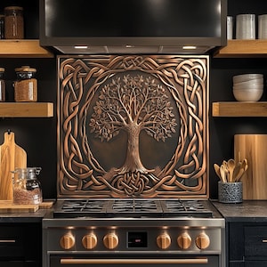 Celtic Tree of Life Copper Look Backsplash, Tempered Glass Kitchen Backsplash, Stove Wall Protector, Splashback, Backsplash Tile for Kitchen