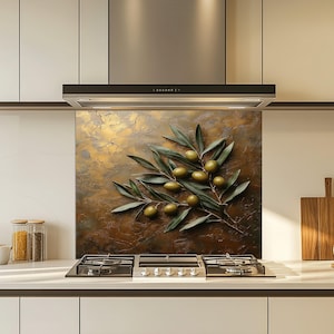 Rustic Olive Branch Glass Backsplash, Tempered Glass Kitchen Backsplash, Utensils & Fruits Scene Glass Splashback, Copper Look Backsplash