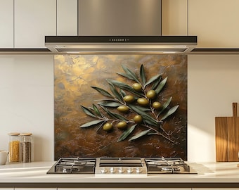 Paraschizzi in vetro rustico "Ulivo Branch", paraschizzi in vetro temperato per cucina, paraschizzi in vetro con scena di utensili e frutta, paraschizzi effetto rame