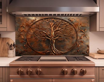 Tree of Life Copper Look Backsplash, Tempered Glass Kitchen Backsplash, Stove Wall Protector, Glass Splashback, Kitchen Backsplash Tile