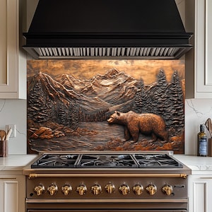 Copper Bear Creek Backsplash, Tempered Glass Kitchen Backsplash, Copper Bear Forest Scene, Stove Wall Protector, Splashback, Backsplash Tile