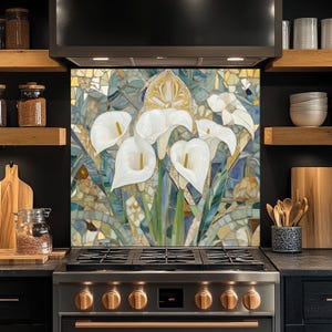 Mosaic Calla Lily Glass Backsplash, Tempered Glass Kitchen Backsplash, Stove Wall Protector, Glass Splashback, Backsplash for Kitchen Tile