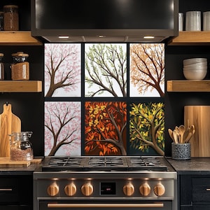 Modern Trees of Seasons Glass Backsplash, Tempered Glass Kitchen Backsplash, Stove Wall Protector, Glass Splashback, Backsplash for Kitchen