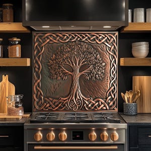 Celtic Tree of Life Copper Look Backsplash, Tempered Glass Kitchen Backsplash, Stove Wall Protector, Splashback, Backsplash Tile for Kitchen