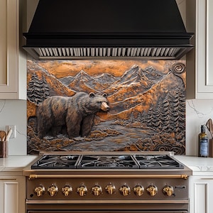Copper Mountain Bear Backsplash, Tempered Glass Kitchen Backsplash, Stove Wall Protector, Rustic Wildlife Splashback, Backsplash Tile