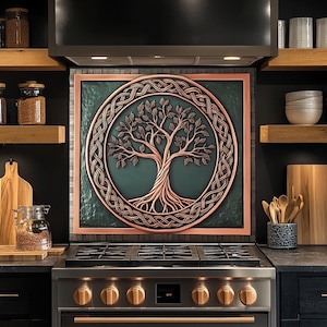 Celtic Tree of Life Copper Look Backsplash, Tempered Glass Kitchen Backsplash, Stove Wall Protector, Splashback, Backsplash Tile for Kitchen