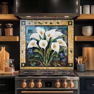 Mosaic Calla Lilies Glass Backsplash, Tempered Glass Kitchen Backsplash, Stove Wall Protector, Glass Splashback, Backsplash for Kitchen Tile