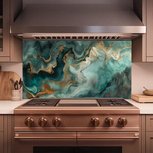Turquoise & Gold Marble Glass Backsplash, Tempered Glass Kitchen Backsplash, Stove Wall Protector, Glass Splashback, Backsplash for Kitchen