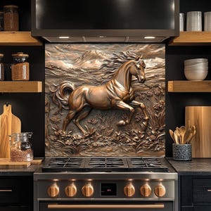 Protector contra salpicaduras de vidrio con diseño de caballo al galope de cobre, protector contra salpicaduras de vidrio templado para cocina, protector de pared para estufa, protector contra salpicaduras, protector contra salpicaduras con aspecto de cobre
