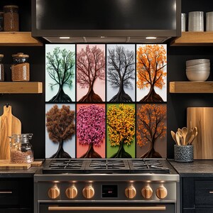 Four Seasons Trees Glass Backsplash, Tempered Glass Kitchen Backsplash, Stove Wall Protector, Glass Splashback, Backsplash for Kitchen Tile