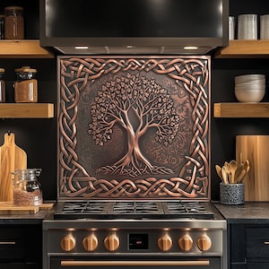 Celtic Tree of Life Copper Look Backsplash, Tempered Glass Kitchen Backsplash, Stove Wall Protector, Splashback, Backsplash Tile for Kitchen
