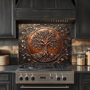 Copper Tree of Life Backsplash, Tempered Glass Kitchen Backsplash, Copper Tree of Life, Stove Wall Protector, Splashback, Backsplash Tile