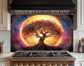 Mystic Tree of Life Backsplash, Tempered Glass Kitchen Backsplash, Stove Wall Protector, Glass Splashback, Backsplash Tile for Kitchen