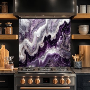 Paraschizzi in vetro con effetto marmo geode viola, paraschizzi per cucina in vetro temperato, protezione per parete fornello, paraschizzi in vetro, paraschizzi per piastrelle da cucina