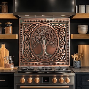 Celtic Tree of Life Copper Look Backsplash, Tempered Glass Kitchen Backsplash, Stove Wall Protector, Splashback, Backsplash Tile for Kitchen