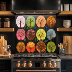 Circle Trees Seasons Glass Backsplash, Tempered Glass Kitchen Backsplash, Stove Wall Protector, Glass Splashback, Backsplash for Kitchen