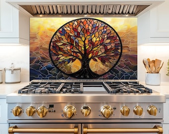 Colorful Stained Glass Tree of Life Kitchen Backsplash, Tempered Glass Kitchen Backsplash, Stove Wall Protector, Splashback, Backsplash Tile