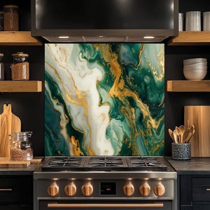 Emerald Green & Gold Marble Glass Backsplash, Tempered Glass Kitchen Backsplash, Stove Wall Protector, Glass Splashback, Kitchen Backsplash