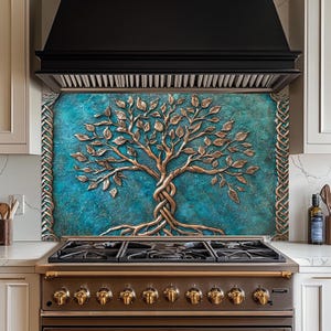 Celtic Tree of Life Copper Look Backsplash, Tempered Glass Kitchen Backsplash, Stove Wall Protector, Splashback, Backsplash Tile for Kitchen