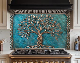 Celtic Tree of Life Copper Look Backsplash, Tempered Glass Kitchen Backsplash, Stove Wall Protector, Splashback, Backsplash Tile for Kitchen