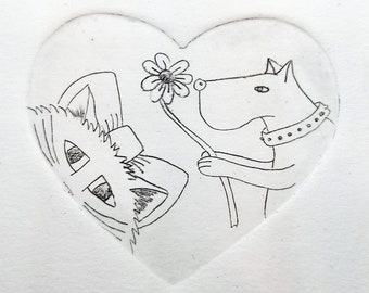 cat and dog valentine drypoint print