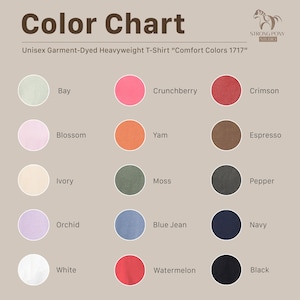 K&ouml;nnte beinhalten: Farbkarte f&uuml;r ein Unisex-T-Shirt aus schwerem Stoff, das in verschiedenen Farben erh&auml;ltlich ist. Die Karte enth&auml;lt Farbt&ouml;ne wie Bay, Crunchberry, Crimson, Blossom, Yam, Espresso, Moss, Pepper, Orchid, Blue Jean, Navy, White, Watermelon und Black.