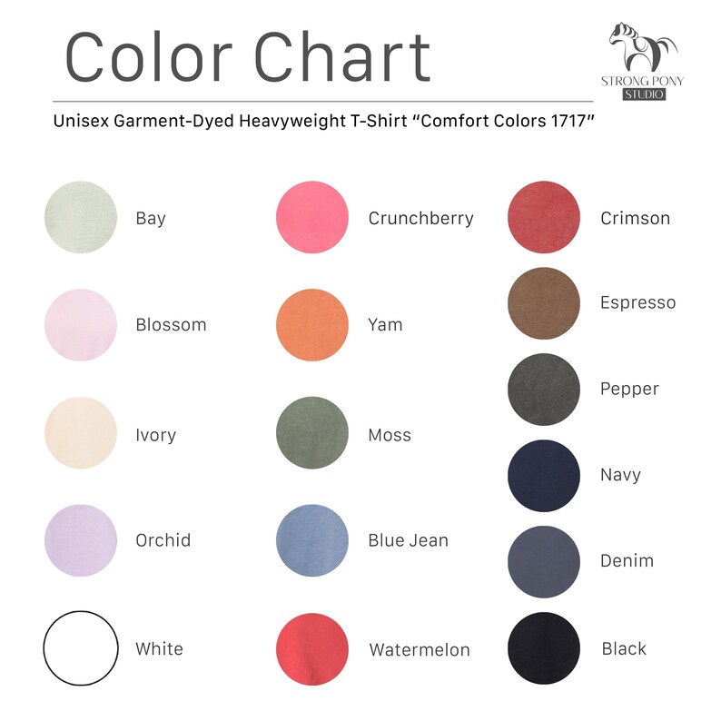 Puede incluir: Carta de colores para una camiseta unisex de tejido pesado te&ntilde;ida con tintes "Comfort Colors 1717". La carta muestra muestras de color, incluyendo Bay, Crunchberry, Crimson, Espresso, Blossom, Yam, Pepper, Ivory, Moss, Navy, Orchid, Blue Jean, Denim, White, Watermelon y Black.