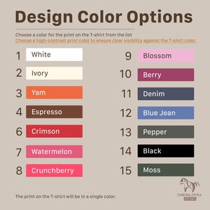 K&ouml;nnte beinhalten: Grafik mit "Design Farboptionen" f&uuml;r T-Shirt-Drucke. F&uuml;nfzehn Farboptionen sind aufgef&uuml;hrt, darunter Wei&szlig;, Elfenbein, Yam, Espresso, Karmesinrot, Wassermelone, Crunchberry, Blossom, Berry, Denim, Blue Jean, Pfeffer, Schwarz und Moos.
