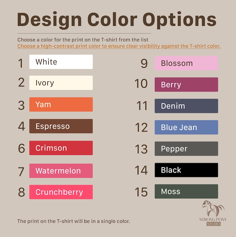 K&ouml;nnte beinhalten: Grafik mit "Design Farboptionen" f&uuml;r T-Shirt-Drucke. F&uuml;nfzehn Farboptionen sind aufgef&uuml;hrt, darunter Wei&szlig;, Elfenbein, Yam, Espresso, Karmesinrot, Wassermelone, Crunchberry, Blossom, Berry, Denim, Blue Jean, Pfeffer, Schwarz und Moos.