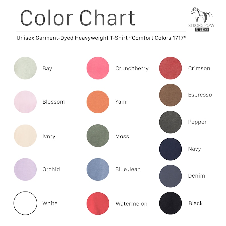 K&ouml;nnte beinhalten: Farbkarte f&uuml;r ein Unisex-T-Shirt aus schwerem Stoff, gef&auml;rbt, mit Farben wie Bay, Crunchberry, Crimson, Espresso, Blossom, Yam, Pepper, Ivory, Moss, Navy, Orchid, Blue Jean, Denim, White, Watermelon und Black.