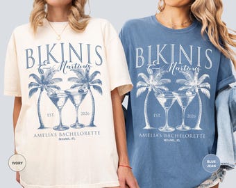 Maglietta da addio al nubilato Bikinis & Martinis, camicia da festa in spiaggia, copricostume da addio al nubilato in spiaggia