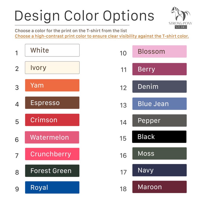 K&ouml;nnte beinhalten: Farbtabelle mit 18 Farboptionen f&uuml;r T-Shirt-Designs. Farben sind Wei&szlig;, Elfenbein, Yam, Espresso, Karmesinrot, Wassermelone, Crunchberry, Waldgr&uuml;n, Royalblau, Blossom, Berry, Denim, Blue Jean, Pfeffer, Schwarz, Moos, Marine und Maroon.