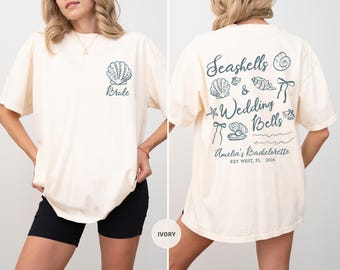 Seashells and Wedding Bells Bach or Bride Shirt, Beach Bach Cover Up, Coastal Bridal Party Tee, Key West Girls Trip Tee, Bride Squad Outfit