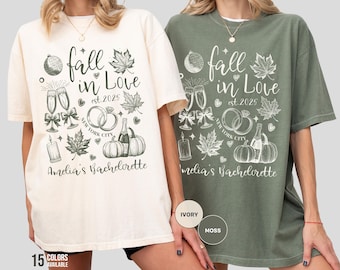 恋に落ちる独身女性用シャツ、秋の花嫁旅行Tシャツ、カボチャと葉っぱのデザイントップス、カスタムガールズウィークエンド衣装、秋のパーティーシャツ