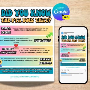 Editable PTA Membership Flyer | Did You Know Flyer | PTA Canva Template | Printable Pta Handout | Pta Duties Digital Download | Join the PTA