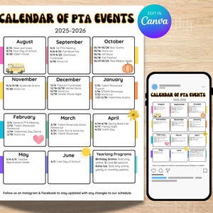 Editable PTA Calendar Template | 2025-2026 School Year Events | PTA Organizer and Planner | School Events Calendar | PTO Social Media