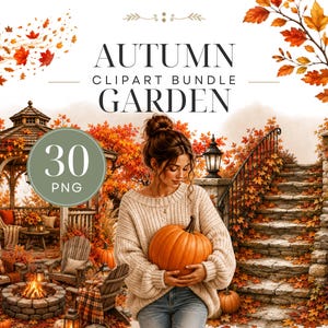 May include: An autumn clipart bundle featuring 30 PNG files. The image displays a person holding a large orange pumpkin, standing before a stone staircase and a gazebo surrounded by vibrant orange and red fall foliage and a stone fire pit.