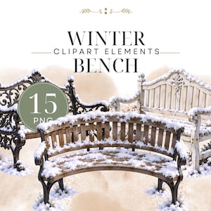Könnte beinhalten: Drei schneebedeckte Außenbänke, darunter eine dunkle, verzierte Metallbank, eine weiße Holzbank mit dekorativer Rückenlehne und eine geschwungene Holzbank. Der Text WINTER CLIPART ELEMENTS BENCH und 15 PNG ist im Bild zu sehen.