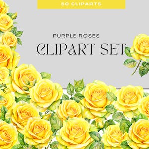 Yellow Roses Clipart PNG – Watercolor Wedding Flowers for Invitations, Journals, Sublimation