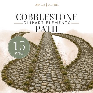 Può includere: Un set grafico digitale intitolato COBBLESTONE CLIPART ELEMENTS PATH contenente 15 file PNG di sentieri in pietra tortuosi. I sentieri sono costruiti con ciottoli grigi arrotondati con piccole macchie di erba e piante infestanti.