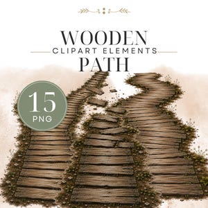 May include: A digital collection of 15 PNG wooden path clipart elements featuring weathered brown wooden planks arranged in various walkway configurations, accented with small patches of green grass and tiny wildflowers along the edges.