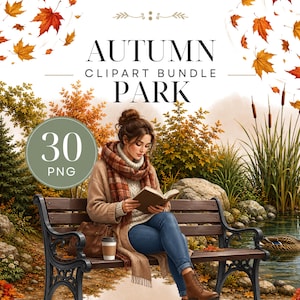 Könnte beinhalten: Digitales Clipart-Paket mit dem Titel AUTUMN PARK CLIPART BUNDLE mit 30 PNG-Dateien. Die Illustration zeigt eine Person, die auf einer Parkbank sitzt und ein Buch liest, in der Nähe eines Teichs mit einer Ente, umgeben von Herbstbäumen.