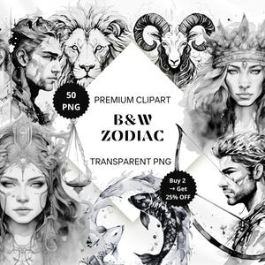 Watercolor Black and White Zodiac Clipart - 40 PNG for Creative Projects, Sublimation and more