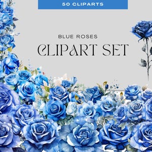 Blaue Rosen Clipart PNG - Aquarell Hochzeitsblumen für Einladungen, Journals, Sublimation