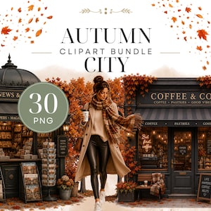 Puede incluir: Un paquete de imágenes prediseñadas de ciudad otoñal con un quiosco de prensa y una cafetería rodeados de follaje naranja. El texto dice AUTUMN CLIPART BUNDLE CITY, 30 PNG, NEWS, NEWSPAPERS, MAGAZINES, COFFEE & CO., COFFEE, PASTRIES, GOOD VIBES, But first, coffee.