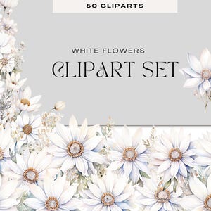 Flores brancas em aquarela Clipart PNG – Flores de casamento em aquarela para convites, diários, sublimação
